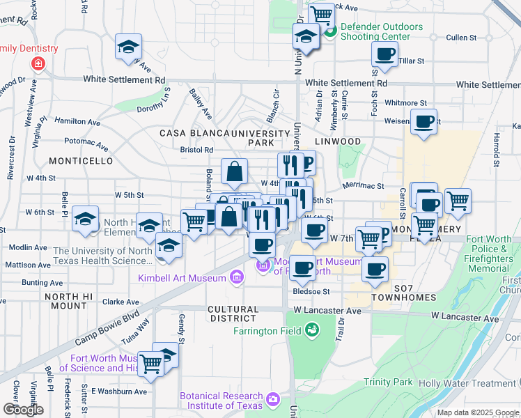 map of restaurants, bars, coffee shops, grocery stores, and more near 600 Bailey Avenue in Fort Worth