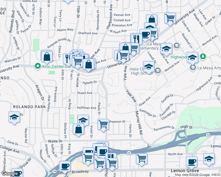 map of restaurants, bars, coffee shops, grocery stores, and more near 7227 Blackton Drive in La Mesa