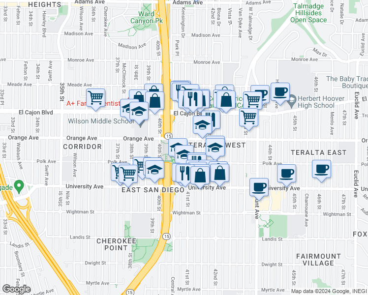 map of restaurants, bars, coffee shops, grocery stores, and more near 4155 1/2 Central Avenue in San Diego
