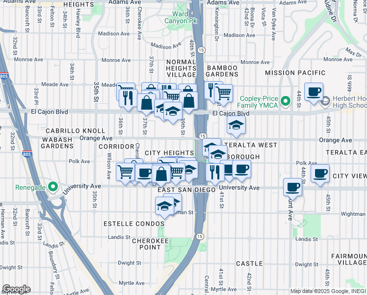 map of restaurants, bars, coffee shops, grocery stores, and more near 4154 39th Street in San Diego