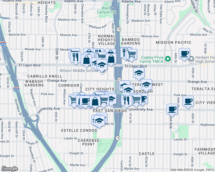 map of restaurants, bars, coffee shops, grocery stores, and more near 4154 39th Street in San Diego