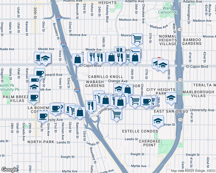 map of restaurants, bars, coffee shops, grocery stores, and more near 4151 34th Street in San Diego