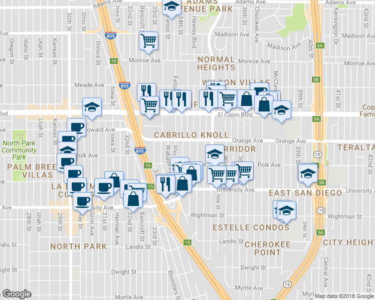 map of restaurants, bars, coffee shops, grocery stores, and more near 4151 34th Street in San Diego