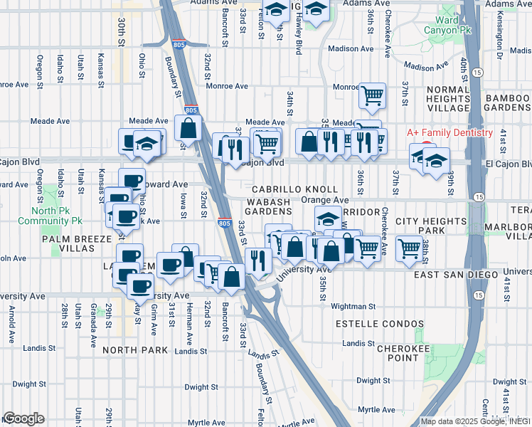 map of restaurants, bars, coffee shops, grocery stores, and more near 4149 Wabash Avenue in San Diego
