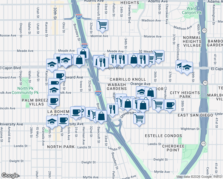map of restaurants, bars, coffee shops, grocery stores, and more near 4149 Wabash Avenue in San Diego