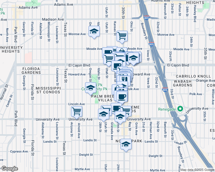 map of restaurants, bars, coffee shops, grocery stores, and more near 2876 Polk Avenue in San Diego