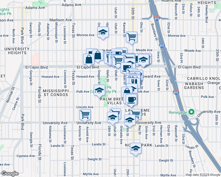 map of restaurants, bars, coffee shops, grocery stores, and more near 2814 Polk Avenue in San Diego
