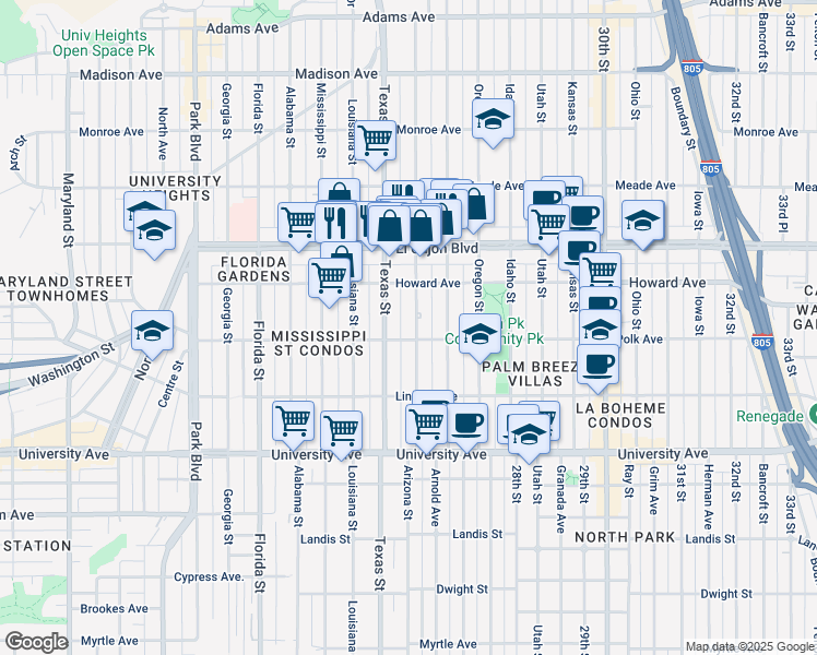 map of restaurants, bars, coffee shops, grocery stores, and more near 4114 1/2 Arizona Street in San Diego