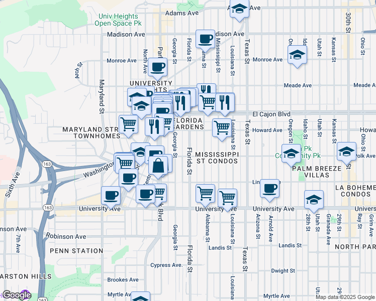 map of restaurants, bars, coffee shops, grocery stores, and more near 4112 Florida Street in San Diego