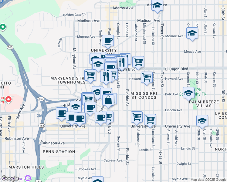 map of restaurants, bars, coffee shops, grocery stores, and more near 4114 Georgia Street in San Diego