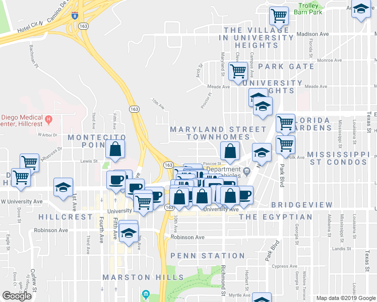 map of restaurants, bars, coffee shops, grocery stores, and more near 1056 Lincoln Avenue in San Diego