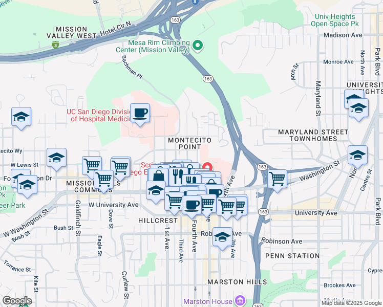 map of restaurants, bars, coffee shops, grocery stores, and more near 4131 Third Avenue in San Diego