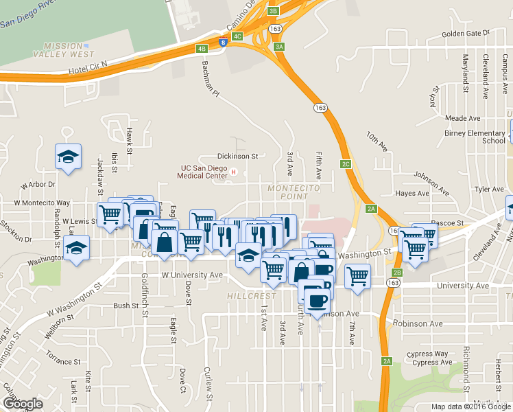map of restaurants, bars, coffee shops, grocery stores, and more near 4120-4130 Front Street in San Diego