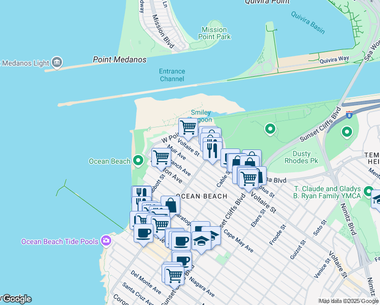 map of restaurants, bars, coffee shops, grocery stores, and more near 5045 Voltaire Street in San Diego