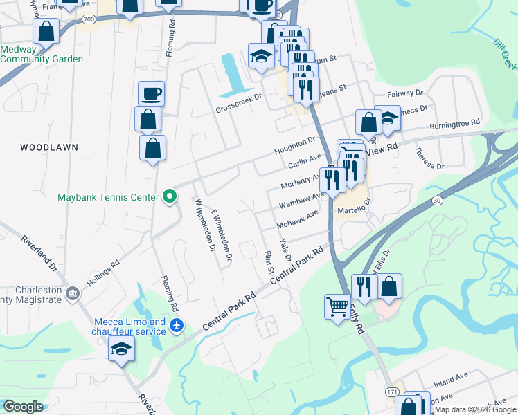 map of restaurants, bars, coffee shops, grocery stores, and more near 1772 Wambaw Avenue in Charleston