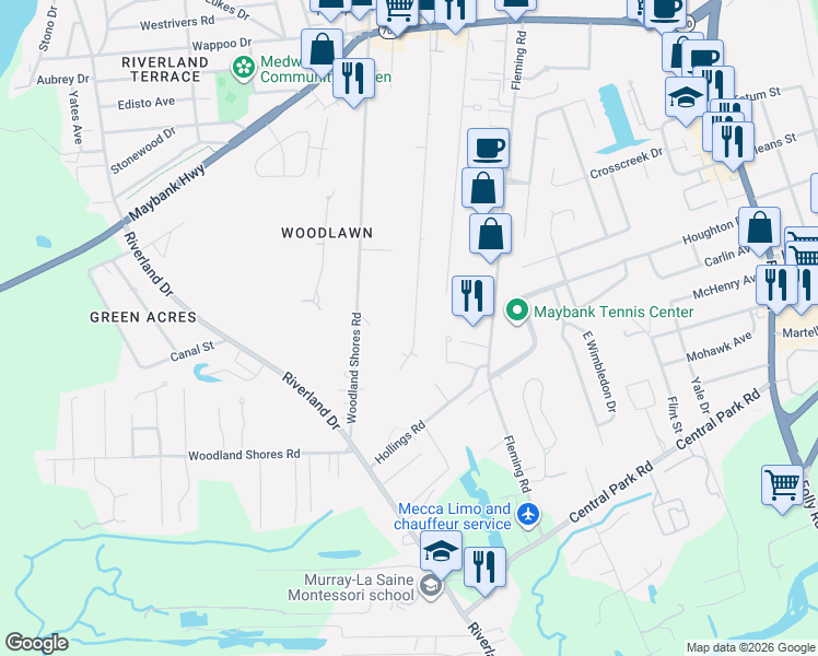 map of restaurants, bars, coffee shops, grocery stores, and more near 381 Stefan Drive in Charleston