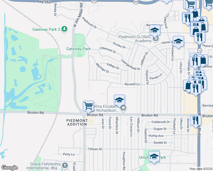 map of restaurants, bars, coffee shops, grocery stores, and more near 7328 Ravehill Lane in Dallas