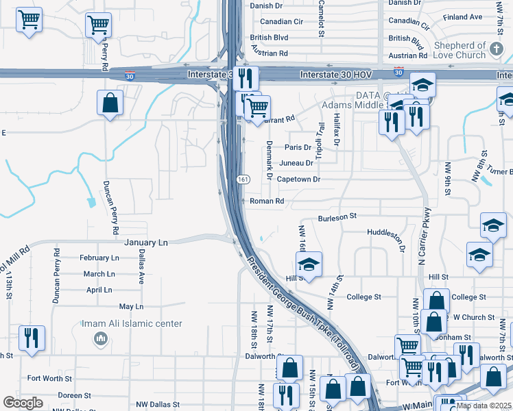 map of restaurants, bars, coffee shops, grocery stores, and more near 1803 Roman Road in Grand Prairie