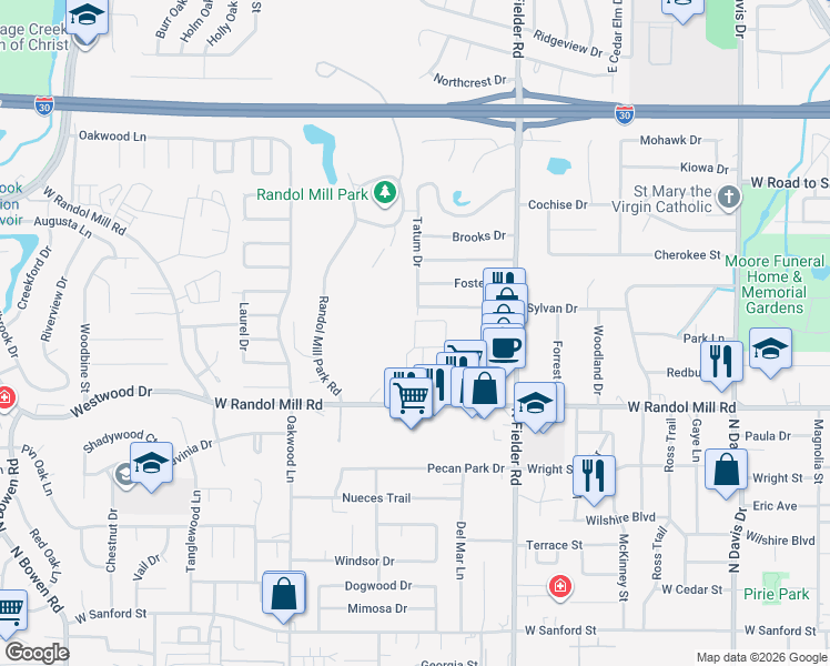 map of restaurants, bars, coffee shops, grocery stores, and more near 1715 Park Vista Drive in Arlington