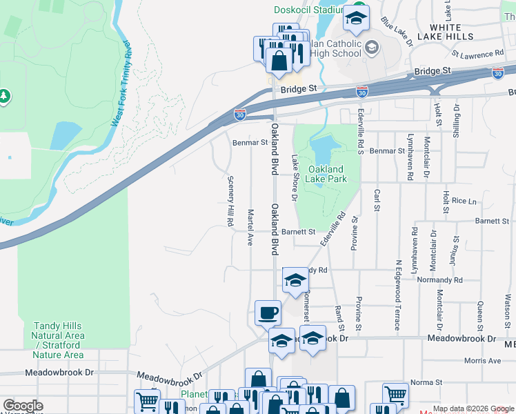 map of restaurants, bars, coffee shops, grocery stores, and more near 1733 Martel Ave in Fort Worth