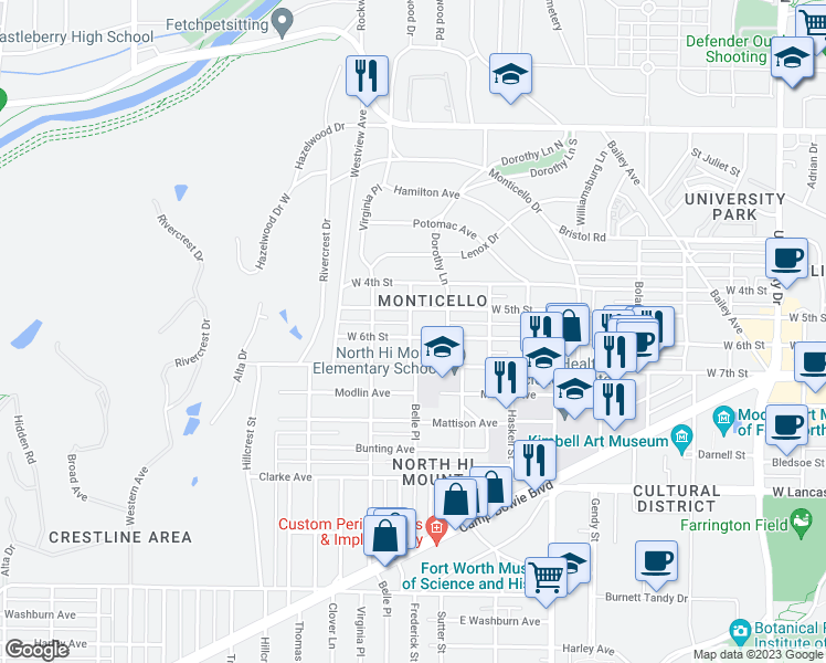 map of restaurants, bars, coffee shops, grocery stores, and more near 3830 West 6th Street in Fort Worth