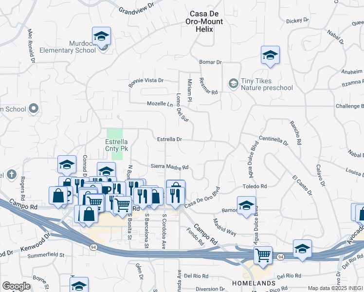 map of restaurants, bars, coffee shops, grocery stores, and more near 4127 Avoyer Place in La Mesa