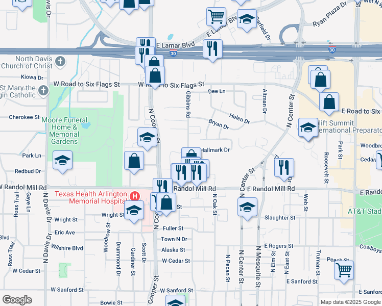 map of restaurants, bars, coffee shops, grocery stores, and more near 414 Hallmark Drive in Arlington