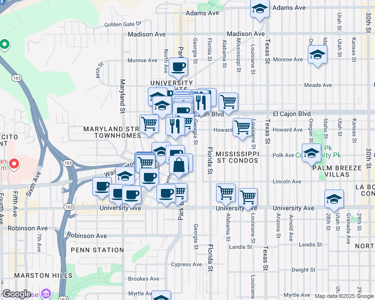 map of restaurants, bars, coffee shops, grocery stores, and more near 4114 Georgia Street in San Diego