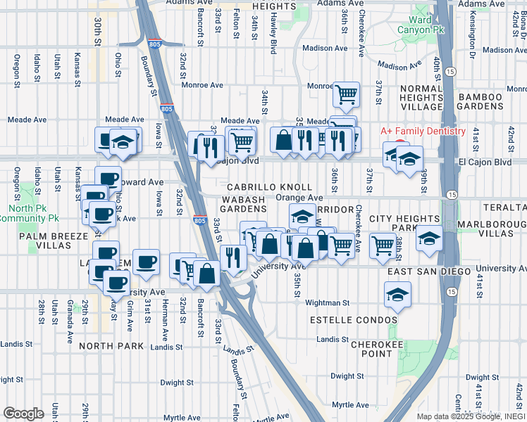 map of restaurants, bars, coffee shops, grocery stores, and more near in San Diego