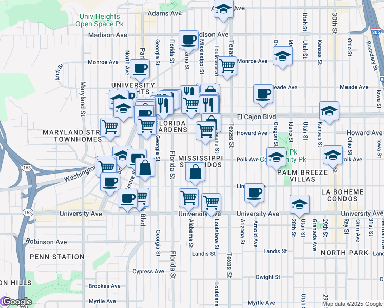 map of restaurants, bars, coffee shops, grocery stores, and more near 4115 Alabama Street in San Diego