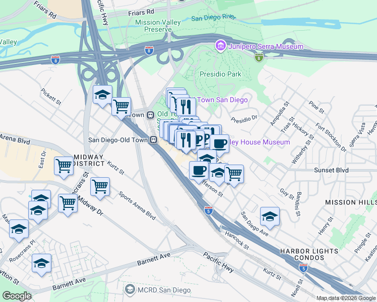 map of restaurants, bars, coffee shops, grocery stores, and more near in San Diego