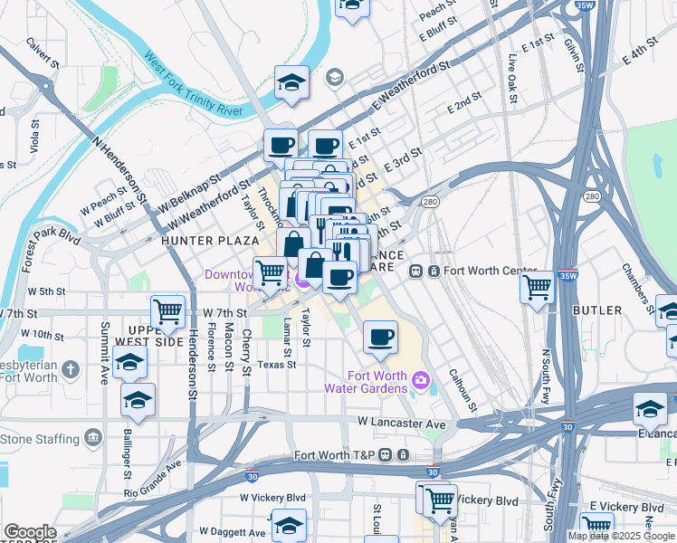 map of restaurants, bars, coffee shops, grocery stores, and more near 721 Main Street in Fort Worth