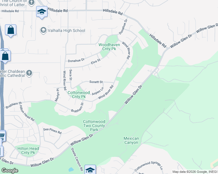 map of restaurants, bars, coffee shops, grocery stores, and more near 2445 Wind River Road in El Cajon