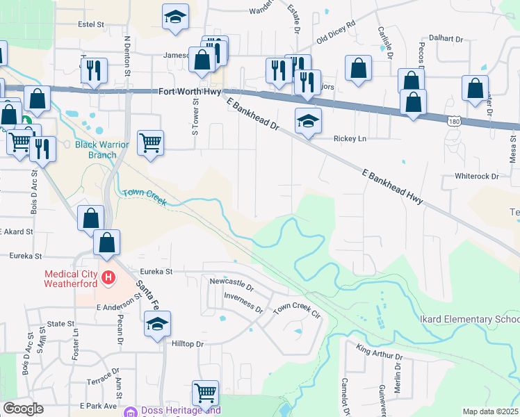 map of restaurants, bars, coffee shops, grocery stores, and more near 331 Jade Lane in Weatherford