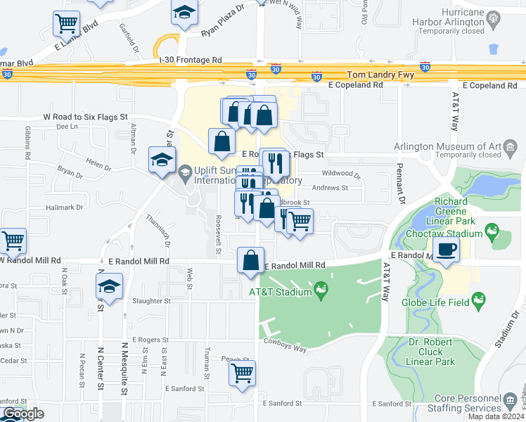map of restaurants, bars, coffee shops, grocery stores, and more near 905 Cedarland Boulevard in Arlington