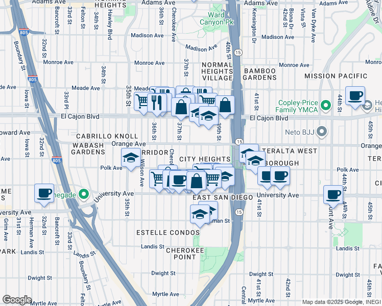 map of restaurants, bars, coffee shops, grocery stores, and more near 4161 37th Street in San Diego