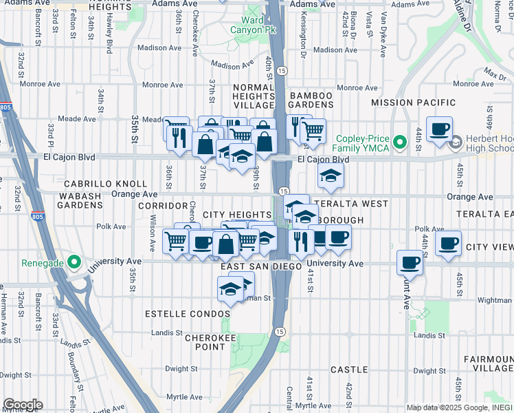 map of restaurants, bars, coffee shops, grocery stores, and more near 4154 39th Street in San Diego