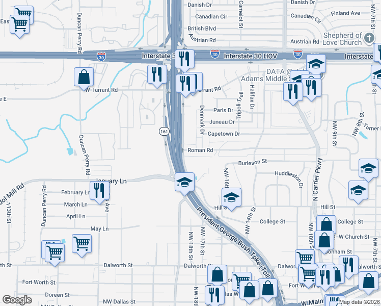 map of restaurants, bars, coffee shops, grocery stores, and more near 1803 Roman Road in Grand Prairie