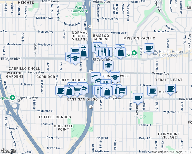 map of restaurants, bars, coffee shops, grocery stores, and more near 4161 Central Avenue in San Diego