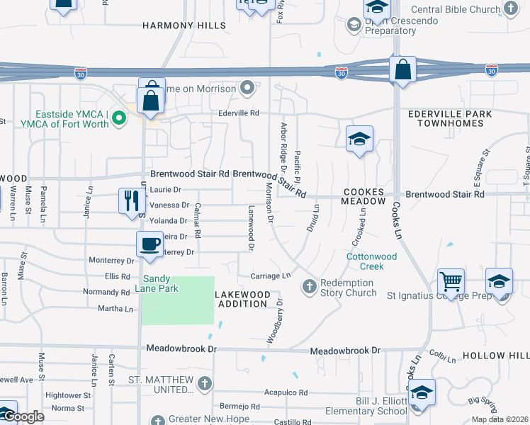 map of restaurants, bars, coffee shops, grocery stores, and more near 1804 Morrison Drive in Fort Worth