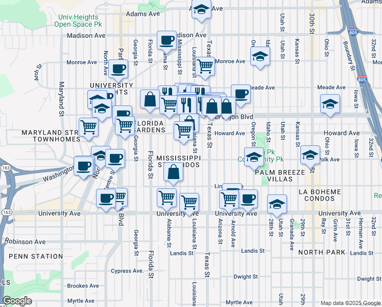map of restaurants, bars, coffee shops, grocery stores, and more near 4115 Mississippi Street in San Diego