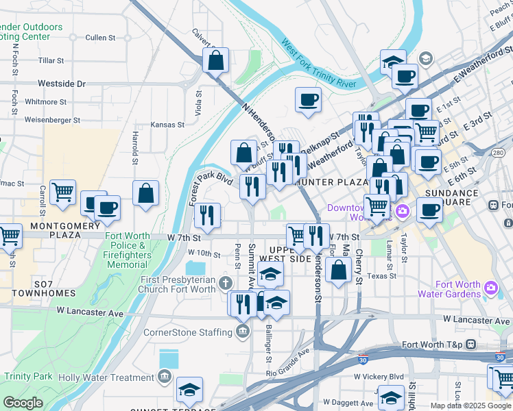 map of restaurants, bars, coffee shops, grocery stores, and more near 101 Summit Avenue in Fort Worth