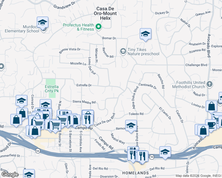 map of restaurants, bars, coffee shops, grocery stores, and more near 10117 Cliffwood Dr in La Mesa