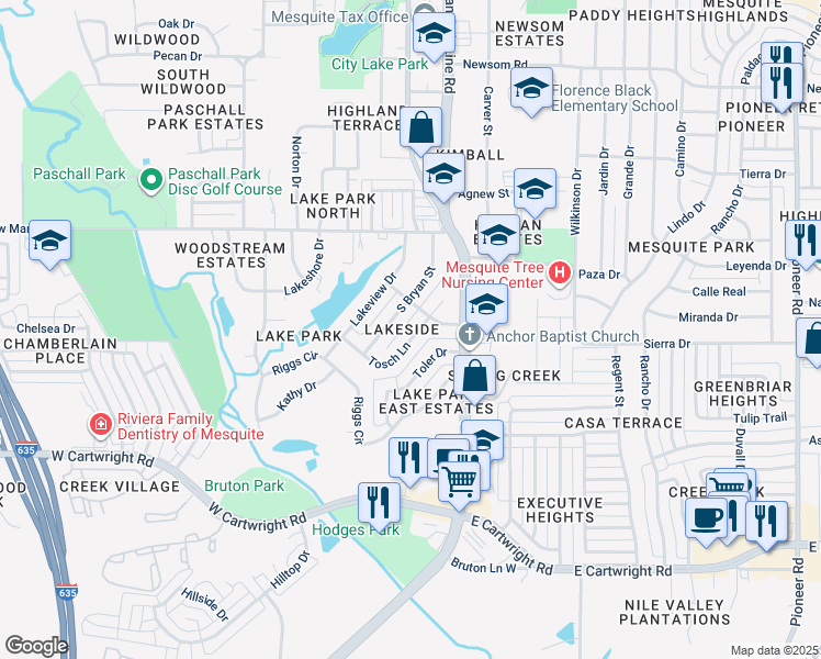 map of restaurants, bars, coffee shops, grocery stores, and more near 1113 Tosch Lane in Mesquite