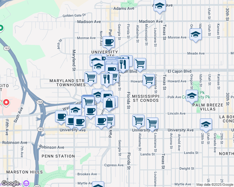 map of restaurants, bars, coffee shops, grocery stores, and more near 4124-26 Georgia Street in San Diego