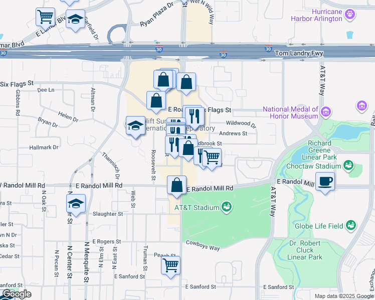 map of restaurants, bars, coffee shops, grocery stores, and more near 909 Cedarland Boulevard in Arlington