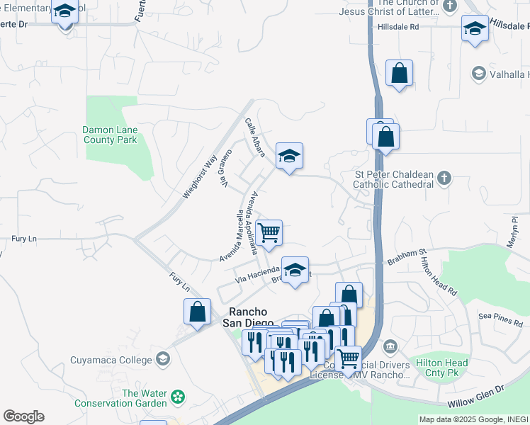map of restaurants, bars, coffee shops, grocery stores, and more near 12126 Via Serrano in El Cajon