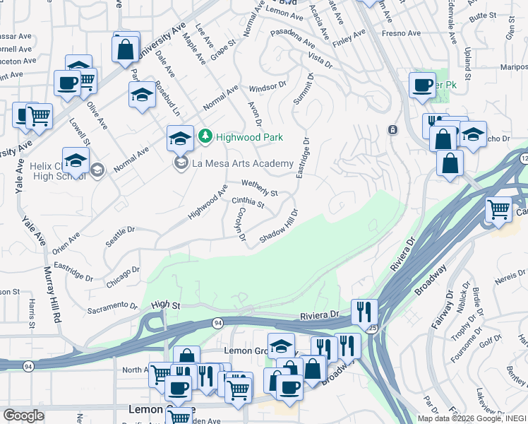 map of restaurants, bars, coffee shops, grocery stores, and more near 7970 Eastridge Drive in La Mesa