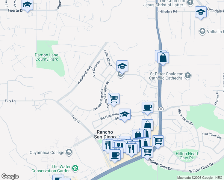 map of restaurants, bars, coffee shops, grocery stores, and more near 12126 Via Serrano in El Cajon