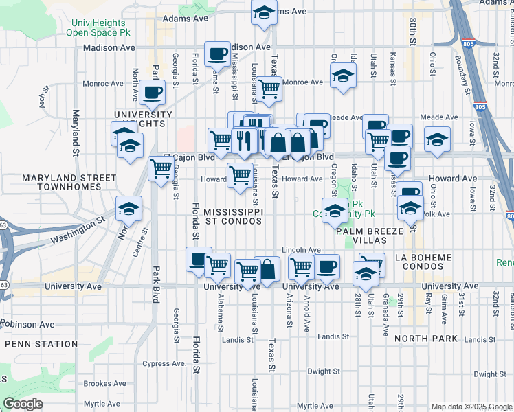 map of restaurants, bars, coffee shops, grocery stores, and more near 4121 Louisiana Street in San Diego